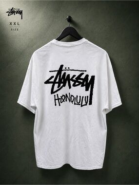 Stussy Honolulu T Shirt White Black Logo Graphic XXL NWOT Cut Tag